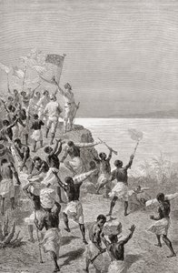 スタンリーとその遠征隊が1872年に東アフリカのタンガニーカを初めて目撃したとき、「手の中の世界」からの挿絵、1878年公開 作： Emile Antoine Bayard