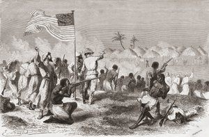 1871年の遠征中のスタンレーのジンビソ攻撃、アンリテオフィルヒルディブランド（1824-97）によって刻まれた「世界の手の中」のイラスト、1878年公開 作： Emile Antoine Bayard