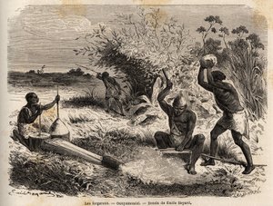 エミール・バヤール（1837-1891）が、1860年から1863年にかけて行われたスペーク船長のアフリカ発見航海を描いた「ウニャムエジの鍛冶屋たち」。エドゥアール・シャルトン編集の「Le tour du monde」に掲載された図版