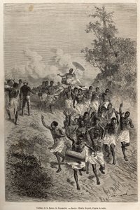 カセンベの妻の行列が、敬礼するリビングストンの前を通過する。1866年から1873年にかけてのデイヴィッド・リヴィングストンの最後の日記（1813年から1873年）を描いたエミール・バイヤールの絵をもとに彫られたもので、1875年にエドゥアール・シャルトンが編集した「Le tour du monde」に掲載されている。
