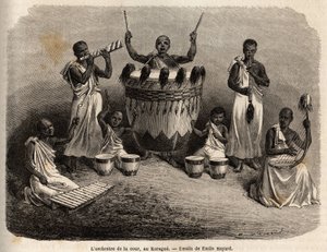 カラグ（ヴィクトリア湖の西、現在のジンバブエ）の宮廷楽団。1860年から1863年にかけてのスペイク船長のアフリカ発見航海を描いたエミール・バヤール（1837-1891）の絵。エドゥアール・シャール編『Le tour du monde』に掲載された図版 作： Emile Antoine Bayard
