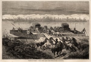 1859年から1862年にかけて、駐中国フランス公使M.de Bourboulonの上海からモスクワへの旅を説明するために、Emile Bayard（1837-1891）が描いたYenissei川（ロシア）の横断。Edouard Cが編集した「Le tour du monde」に掲載されている版画。 作： Emile Antoine Bayard