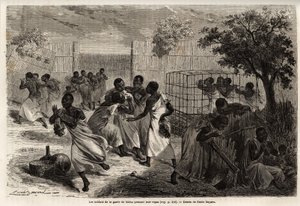 1860年から1863年にかけて行われたスペーク船長のアフリカ発見航海を描いたエミール・バイヤール（1837-1891）の絵「ウガンダ王の護衛兵、ムテサの食事」。エドゥアール・シャルトン編集の「Le tour du monde」に掲載されている図版