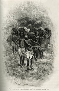 S.Pintoと彼の部下のために食料で満たされたバスケットを運ぶ若い女の子の集団。1877年から1878年にかけてセルパ・ピント少佐が大西洋からインド洋までアフリカを横断した話を説明するためのエミール・バヤールによるエングレーヴィングである。 作： Emile Antoine Bayard