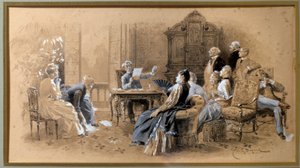 作品を読む作家アレクサンドル・デュマ・ジュニア（1824-1895） エミール・バイヤール（1837-1891）作のグワッシュで引き立てられたラヴィ・ダンクル（Lavis d