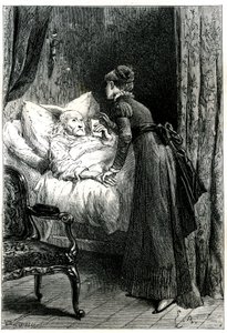 壁から吊るされた十字架の下で、ベッドで死にかけている老人の世話をする若い女性。死にゆく男は、最後の提言（遺書）を手で持っている。ジュール・サンドーの著書「聖職者のマドモアゼル」の挿絵を描いたエミール・バイヤールのエングレーヴィング、ヘッツェル・エ 作： Emile Antoine Bayard