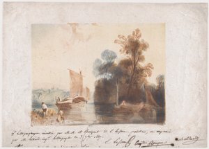 川とボートのある風景、1837 作： Emile Aubert Lessore