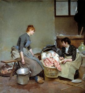 揺りかご。オーギュスト・ピンカール（1842-1924）の絵画 作： Emile August Pinchart