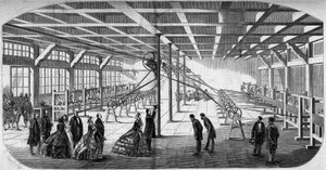1859年、ナポレオン3世(1808-1873)とウージェニー(Eugenie de Montijo)王女が訪れた際に、メイン州の関所付近で行われたゲーンズリー氏とバーナード氏によるダイヤモンド切断の内観。 作： Emile Bourdelin