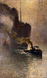 霧の中のテムズ川の牽引で。 1918年、テムズ川に連れて行かれたタミセダンルブルイヤールの護衛 作： Emile Claus