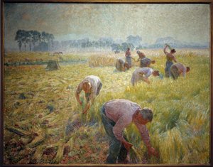 La collolte du linen エミール・クラウス（1849-1924）の絵画 1904年 日。1,56 X 2,01 m ブリュッセル、王立美術館 作： Emile Claus