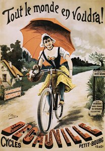 赤い傘を持って自転車に乗る女性のヴィンテージポスター 作： Emile Clouet