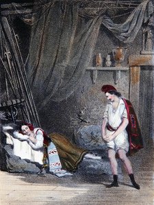 聾唖の少女フェネラが兄のマサニエッロと小屋で眠っている場面：オーベル作オペラ「ポルティチの娘」第4幕 1835年頃（カラーリトグラフ） 作： Emile Deshays