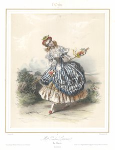 パリ・オペラ座で踊るフランス人バレエダンサー、ポーリーヌ・ルルー、1840年頃（カラーリトグラフ 作： Emile Desmaisons