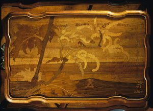 海辺のヤシの木 象嵌細工の木製テーブルトップ エミール・ガレ（1846-1904）作 アールヌーボー様式 フランス 20世紀 作： Emile Galle