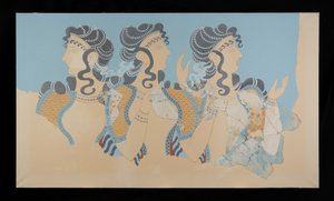 クノッソスのミノス宮殿から復元された青いフレスコ画の女性の絵画 (Evans Fresco Drawing O/7) 作： Emile Gilliéron