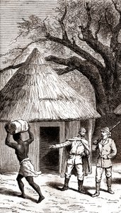 アフリカの小屋の前にいる探検家とポーターたち、1887年（エッチング） 作： 