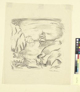 帆船と水浴びする女性がいる湾 作： Emile Othon Friesz