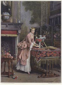 テーブルの上に花瓶を置く女性 作： Emile Pierre Metzmacher