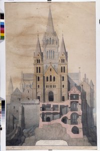 ゴシック建築: 教会のファサードと修道院の家のカット。 アヴランシュ市立博物館の図面 (マンシュ) 作： Emile Sagot