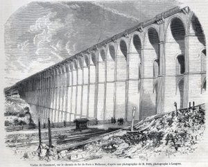 パリからミュルーズに向かう鉄道のショーモン高架橋。1857年9月5日、「The Illustrous World」に掲載されたラルフのスケッチに基づくエングレーヴィング。個人蔵。