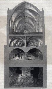 パリのナポレオン高等学校（現在のLycee Henri IV）の断面図。上から順に食堂、厨房、地下室、カタコンベとなっている。テロンのエングレーヴィング。ル・マガジン・ピクチャーズ」にて 作： Emile Theodore Therond