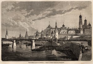 モスコワ川から撮影されたモスクワの全景。駐中国フランス公使M.de Bourboulonの1859年から1862年までの上海からモスクワまでの旅を説明するためにTherondが描いたもの。エドゥアール・シャルトン編『Le tour du monde』に掲載された図版 作： Emile Theodore Therond