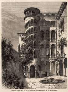 アダルバート・ドゥ・ボーモンのヴェネツィア旅行を説明するためにテロンが描いた「アンティーカのスカラ座」（1850年頃）。エドゥアール・シャルトン編『Le tour du monde』に掲載されたエングレーヴィング 作： Emile Theodore Therond