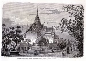 宮殿の庭。シャムの最後の王の遺灰を納めたパビリオン。M. MouhotのアルバムからThérondが描いたもの。"Tour du monde"