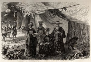 1859年のコチンチンとのユニークな書簡を説明するために、セロンドが描いたアンナム皇帝と大臣コチンチンの肖像画とコスチューム。パリの "Le tour du monde, nouveau journal des voyages "に掲載された図版 作： Emile Theodore Therond
