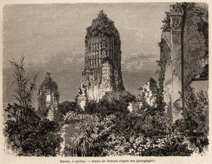 1858年から1861年にかけてアンリ・ムホーが行ったシャム、カンボジア、ラオスの王国を巡る旅を説明するためにテロンが描いた、アジュシア（タイ）のジャングルの植生の中で撮影された遺跡。エドゥアールが編集した "Le tour du monde "に掲載されているエングレーヴィング。 作： Emile Theodore Therond