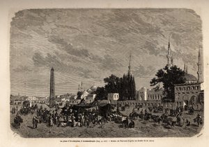 コンスタンティノープル（現在のトルコ、イスタンブール）のエット・メイダンの広場、F.Jerusalemyによる1862年のトルコ女性に関する研究を説明するためにTherondが描いたもの。エドゥアール・シャルトン編集の「世界旅行」に掲載されている図版 作： Emile Theodore Therond