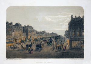 パリ、テンプル大通り。 リトグラフィー水彩画、E.de la Tramblaiz 作イラスト、「アルバム、お土産 de Paris」、Daziaro 編集者、パリ 作： Emile de la Tramblais