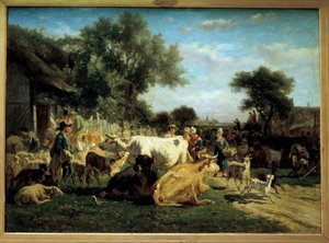 村の縁日 ベテールの縁日。エミール・ヴァン・マルク（1827-1890）の絵画 19世紀 クレルモン・フェラン（Clermont-Ferrand）。バルゴイン美術館 作： Emile van Marcke de Lummen