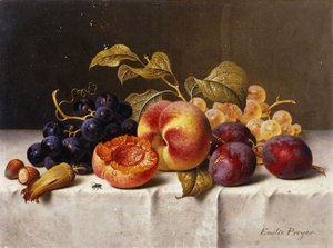 ドレープテーブルのブドウ、桃、プラム、ナッツ 作： Emilie Preyer