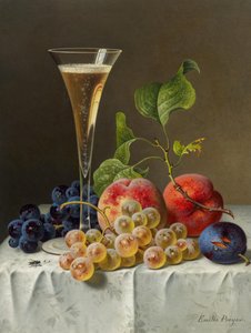 シャンパングラスのある静物。 作： Emilie Preyer
