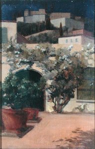 夜のイタリアの丘の上の町（パネルに油彩） 作： Emily Beatrice Bland