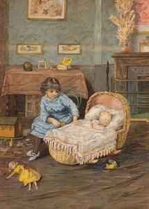 ベビーベッドの赤ちゃんを見守る少女（クロモリト） 作： Emily Jane Harding Andrews