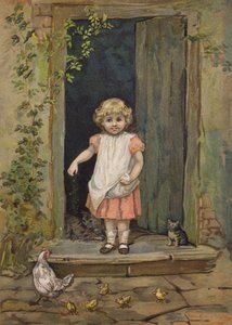 自宅の玄関先で鶏に餌をやる少女（クロモリト） 作： Emily Jane Harding Andrews