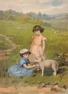 子羊を撫でる2人の少女（クロモリト）