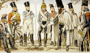 1810年フランス軍（左から）馬上騎手ランシエ、馬上騎手デュトラン、ドラゴン