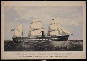 鉄製スクリュー・フリゲート、レ・イタリア、32門、1863年イタリア政府のためにニューヨークのW・H・ウェッブが建造（リトグラフ、彩色済み） 作： Endicott Endicott