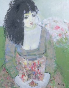 インドの耳飾り（緑の服を着た黒髪の女の子）（油彩・キャンバス 作： Endre Roder