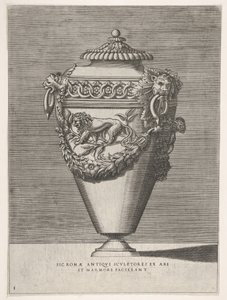 花瓶からのダイヤモンドリングとライオンのモチーフで装飾されたアンティークの蓋付きの壺...、1543年以降。 作： Enea Vico