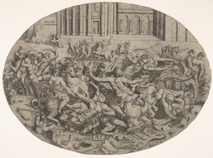 アマゾンと建築アーケードの前に立つ男性との戦い、楕円形の構図...、1543年。 作： Enea Vico