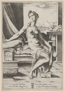 ルクレティアは裸で窓の前に座っており、右手には短剣、d ...、ca。 1535-67。 作： Enea Vico