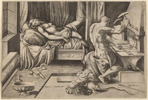 鍛冶場でバルカンと横たわるヴィーナス 作： Enea Vico after Parmigianino
