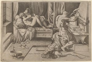 金星と火星が鍛冶場でバルカンと抱き合う 作： Enea Vico after Parmigianino