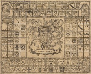 ヘンリー 7 世、ヘンリー 8 世、エドワード 6 世、メアリーの隅の肖像画が描かれた紋章 作： English 16th Century