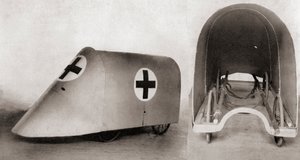 1915年のイラストレイテッドウォーニュースによる、第一次世界大戦中に塹壕の間にいる負傷者と担架を救うための防弾担架カバー